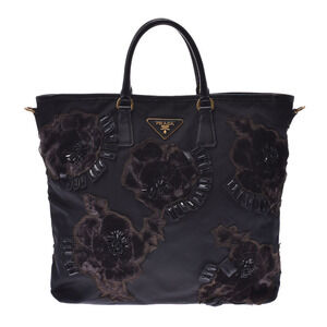Prada Flower Motif Bag Black Nylon Leather Tote